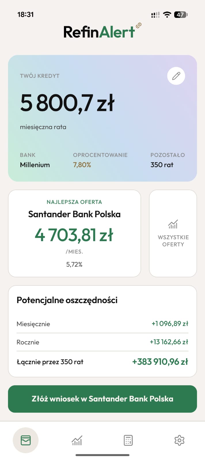 RefinAlert – ekran główny z alertem refinansowania